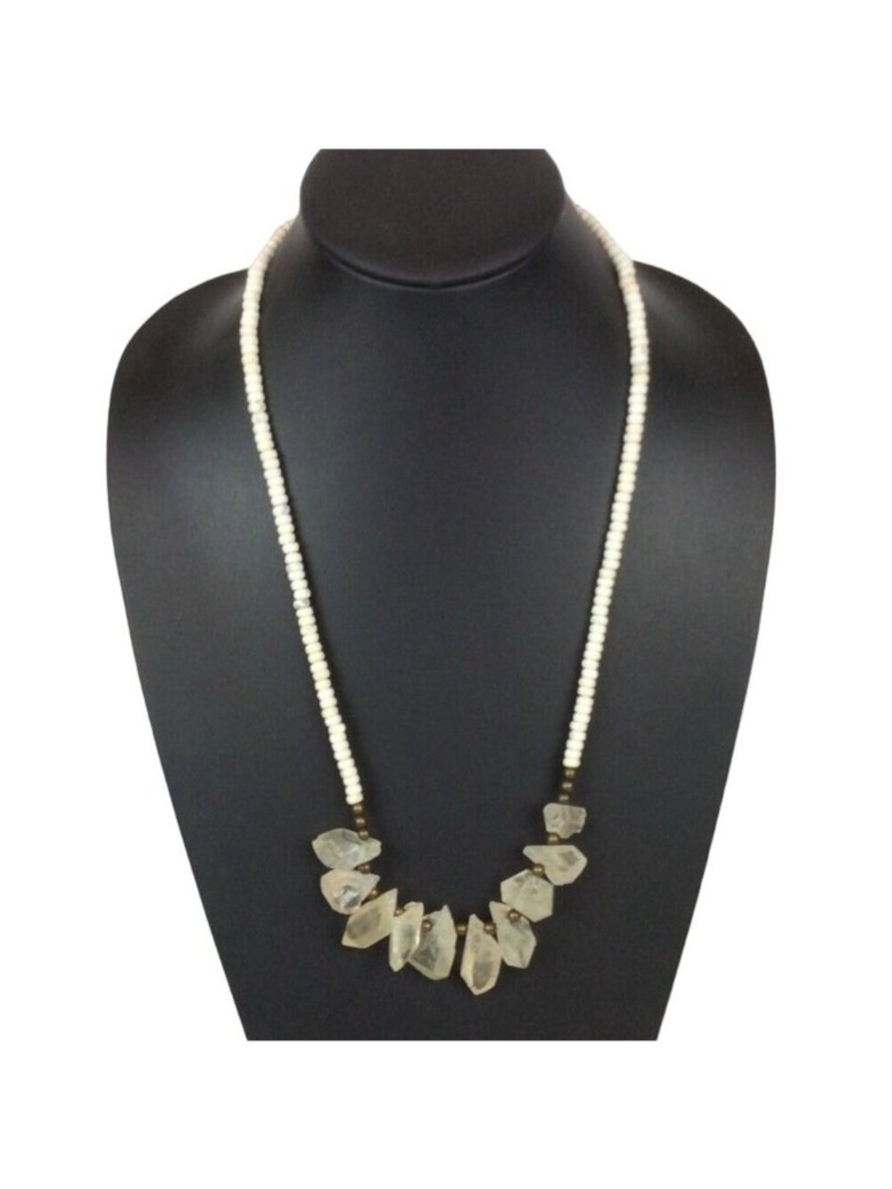 Chunky Natural Crystal & White Glass Bead Necklace 28 inch Boho Hippie Style